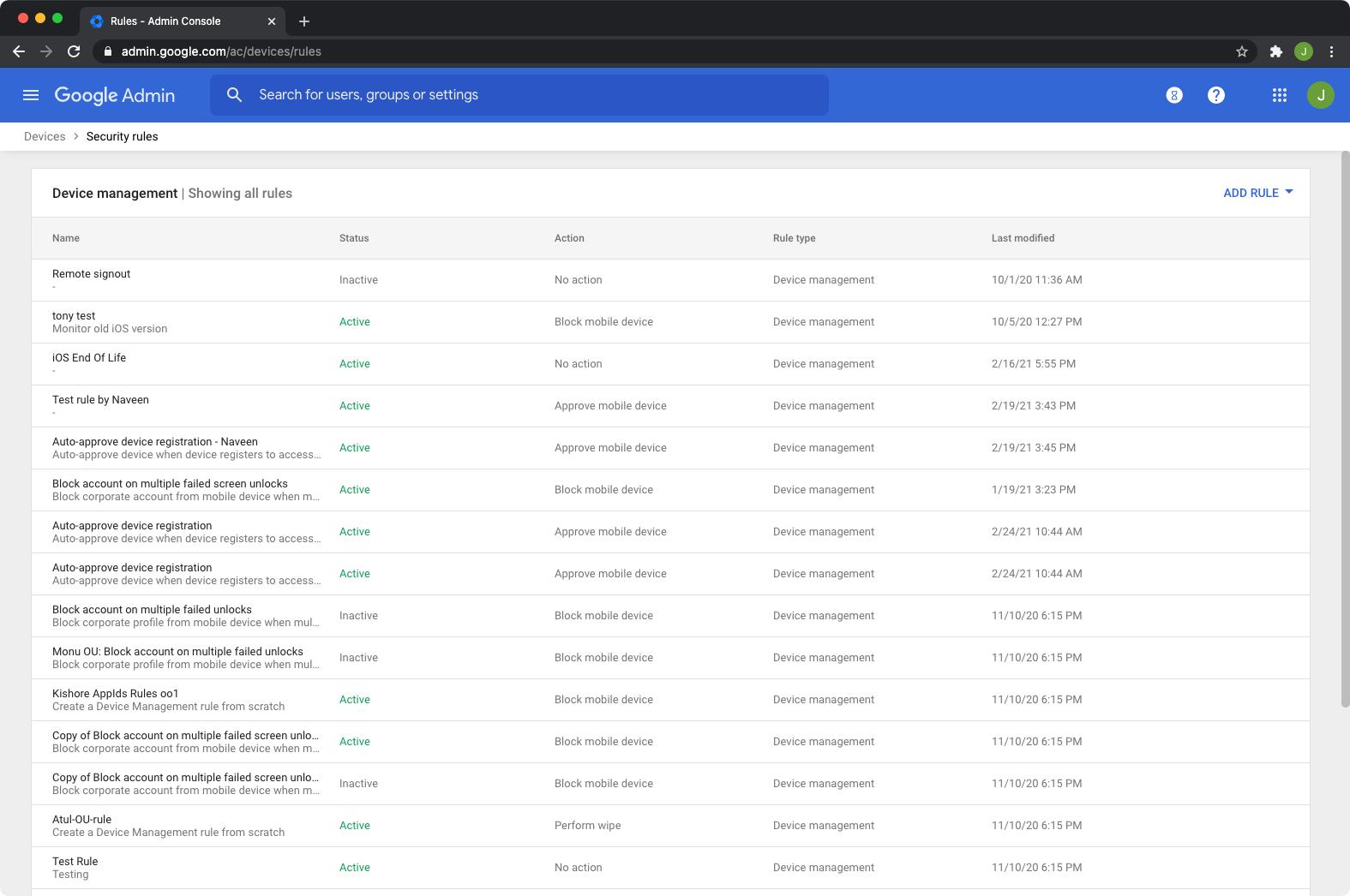 device rules list templates