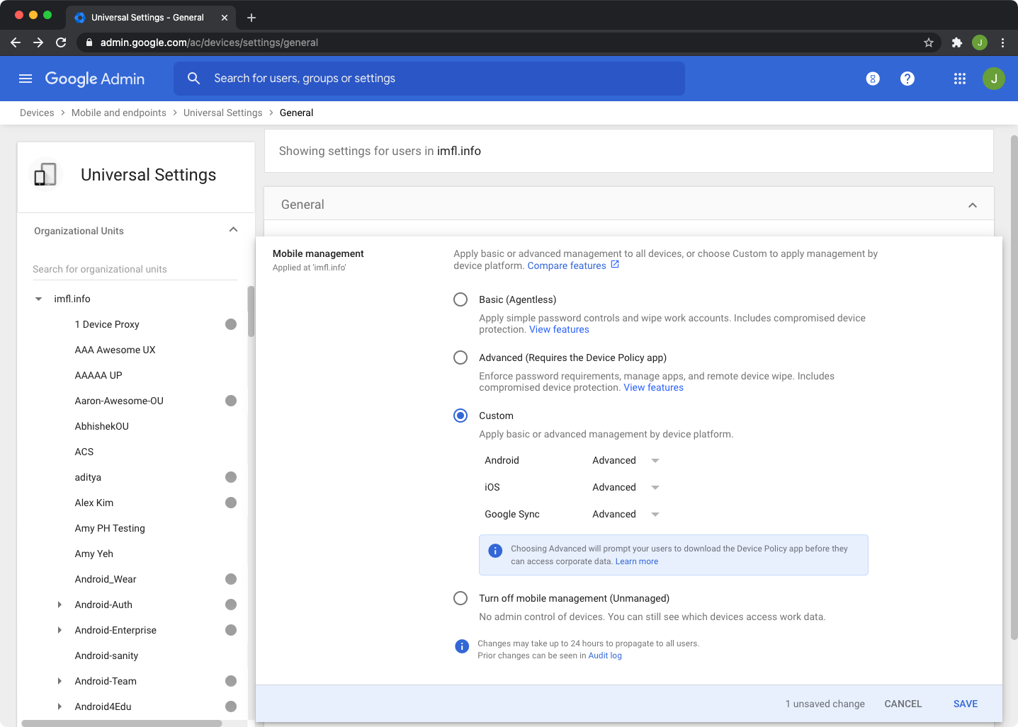 device settings page