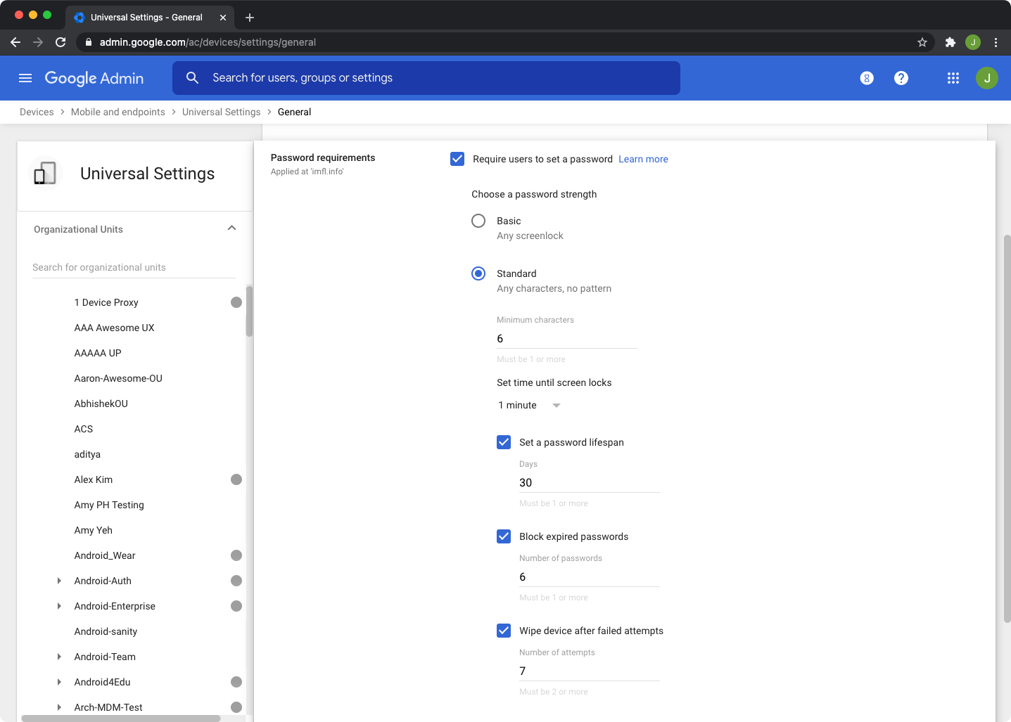 device settings page