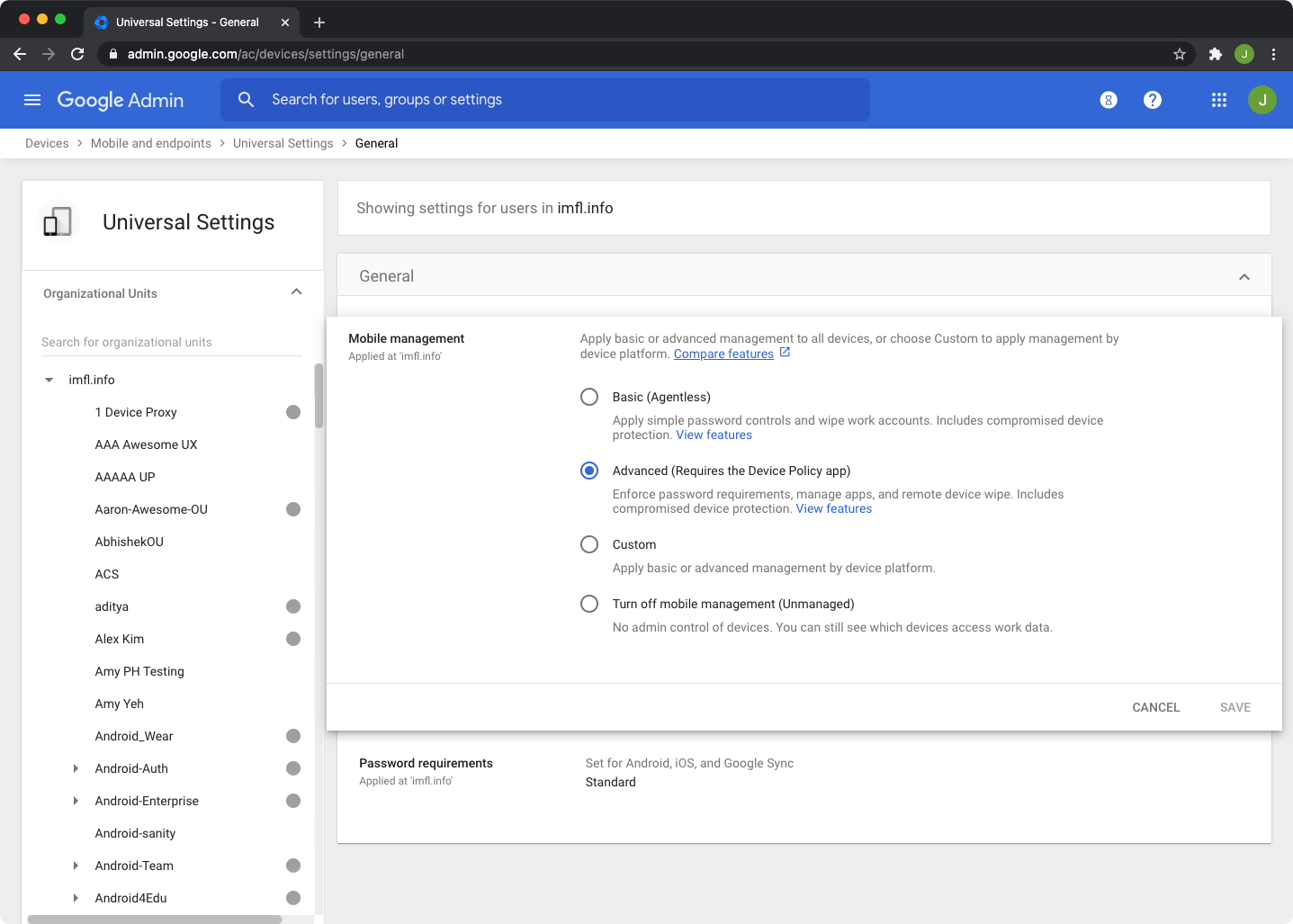 device settings page